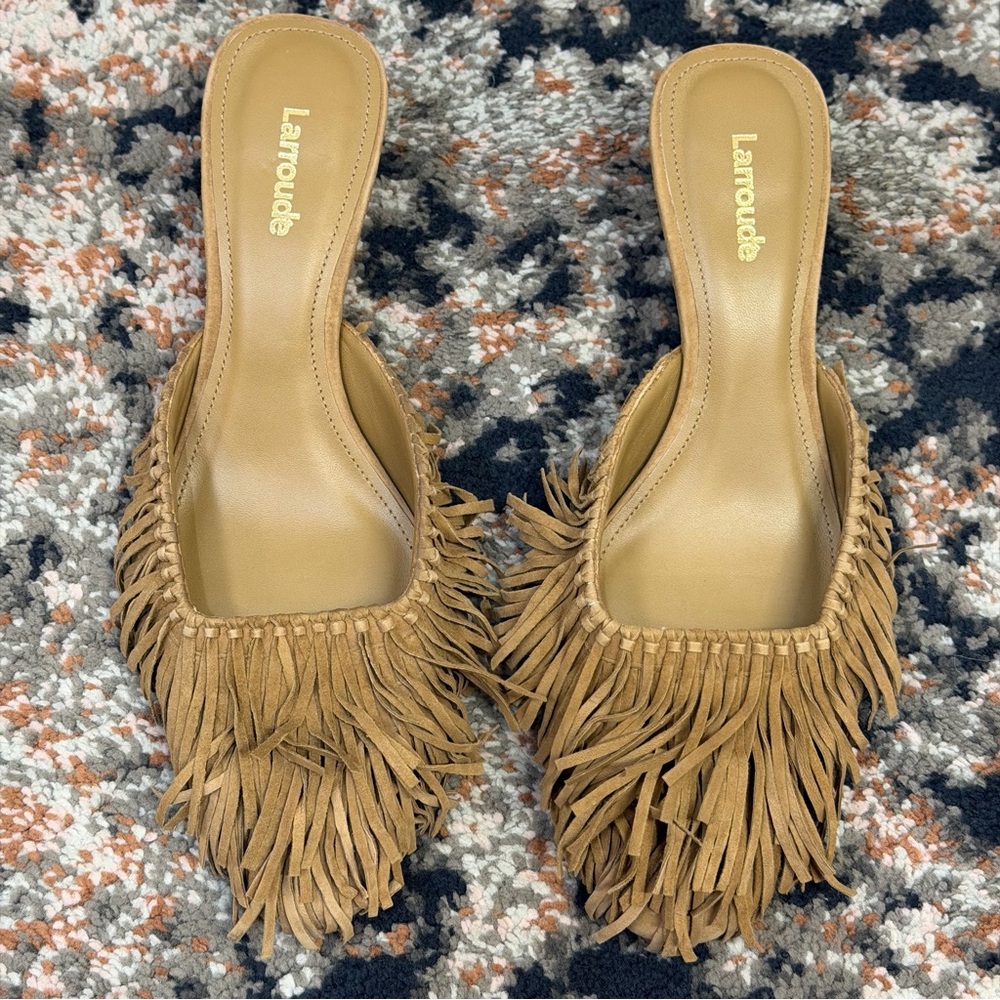Larroude Tan Suede Fringed Kitten Heel Mule - Picture 5 of 16